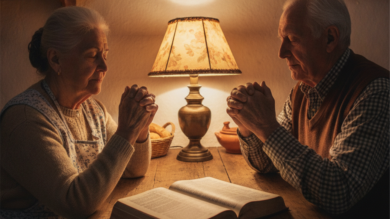 Pareja mayor orando juntos con la Biblia abierta en casa
