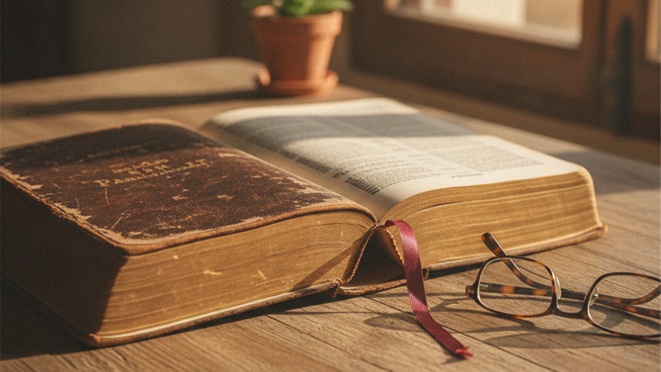 Biblia abierta en los Salmos con luz suave de ventana