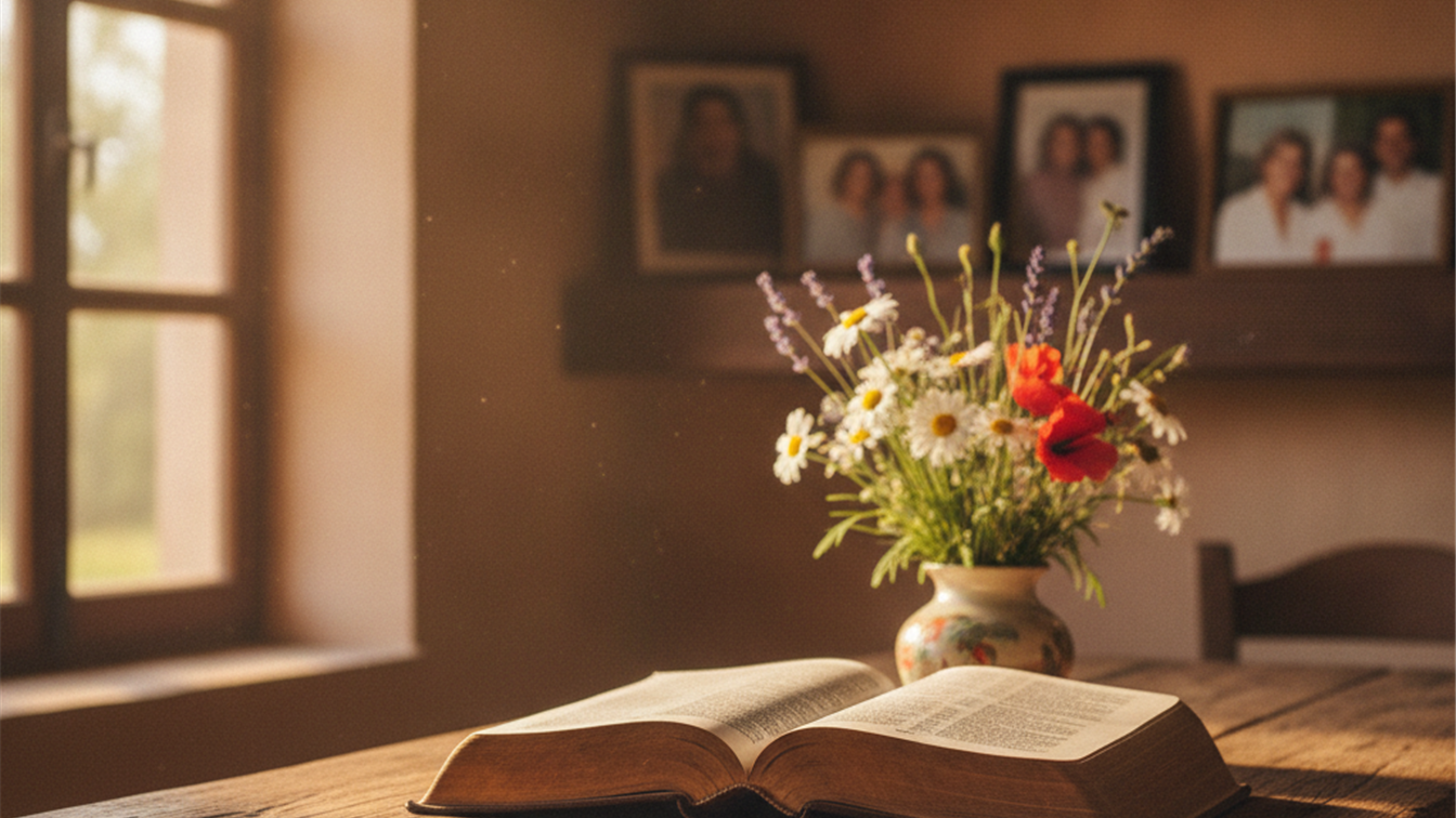 biblia abierta sobre mesa de madera con luz calida