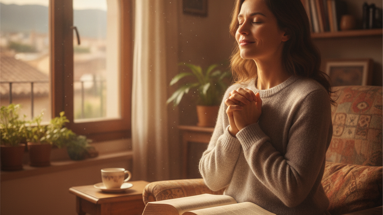 mujer orando con la biblia