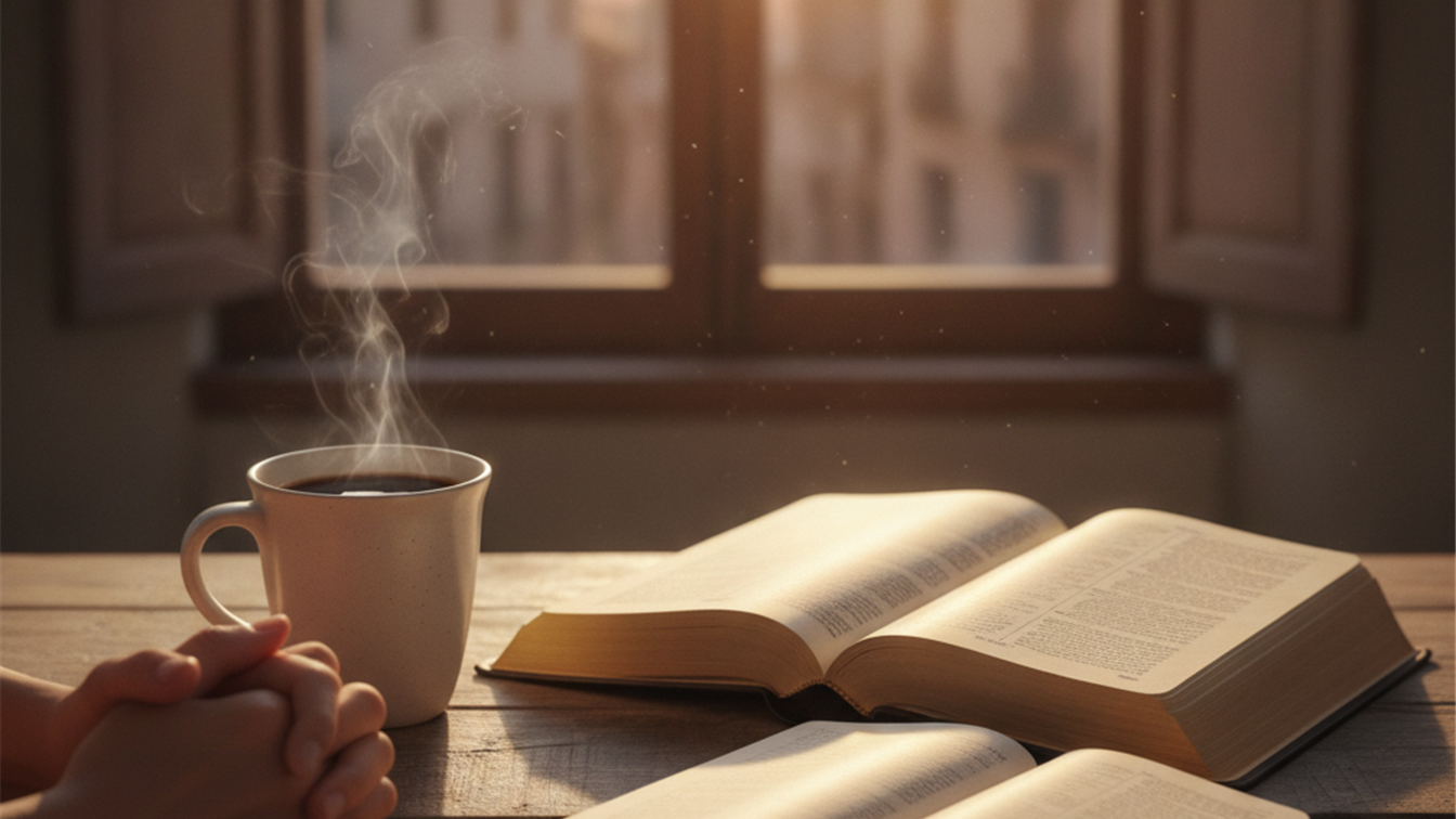 biblia abierta con cafe y diario