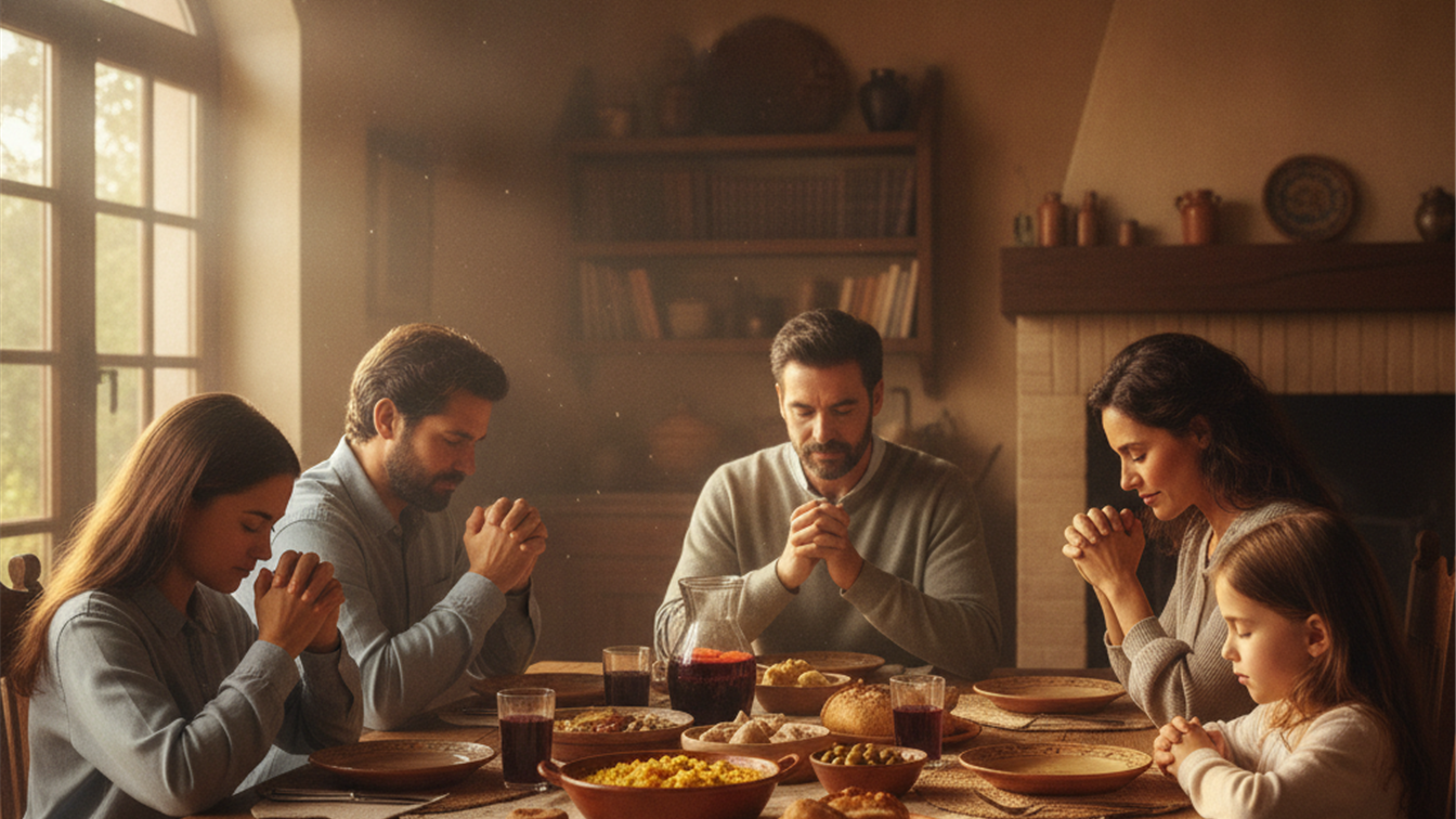 familia orando agradecida en casa