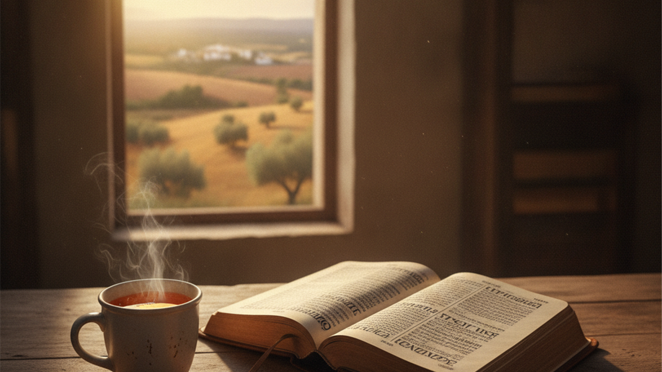 biblia abierta con amanecer en el campo