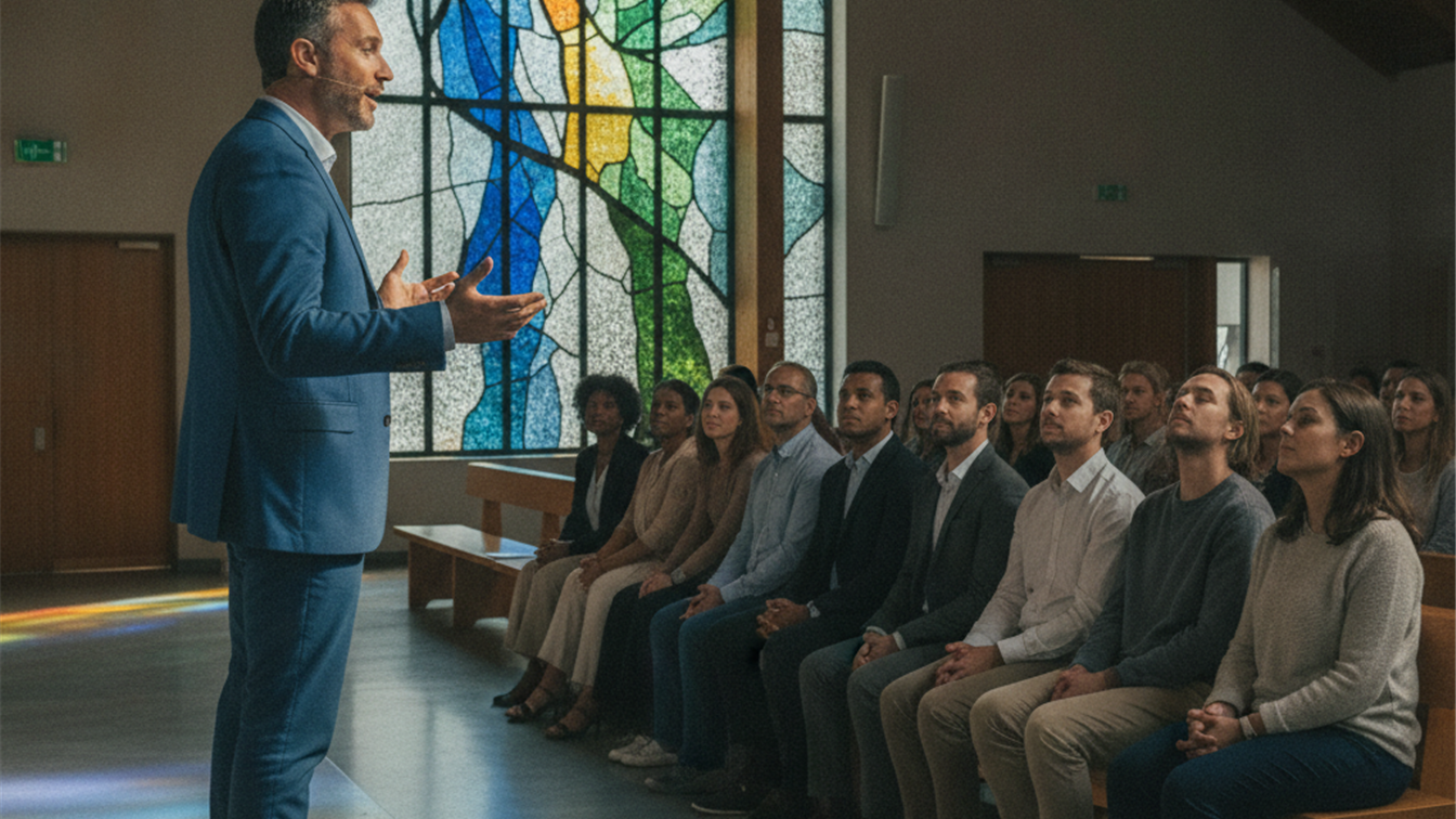 Pastor evangelico predica a fieles en iglesia contemporanea de Espana