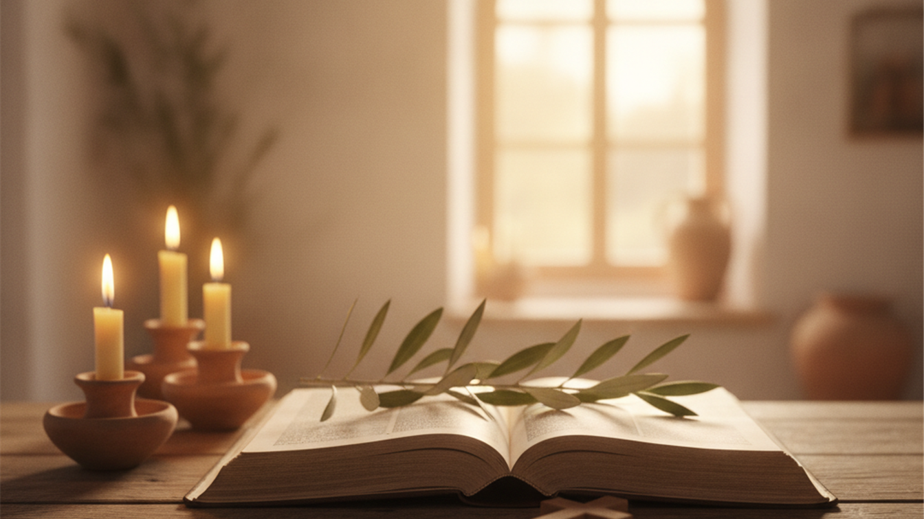 Biblia abierta con rama de olivo