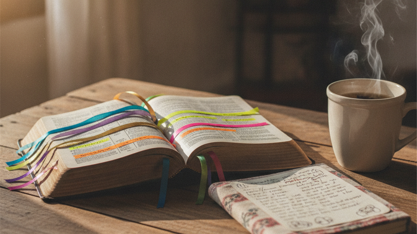 Biblia abierta con diario de oracion y taza de te para devocional