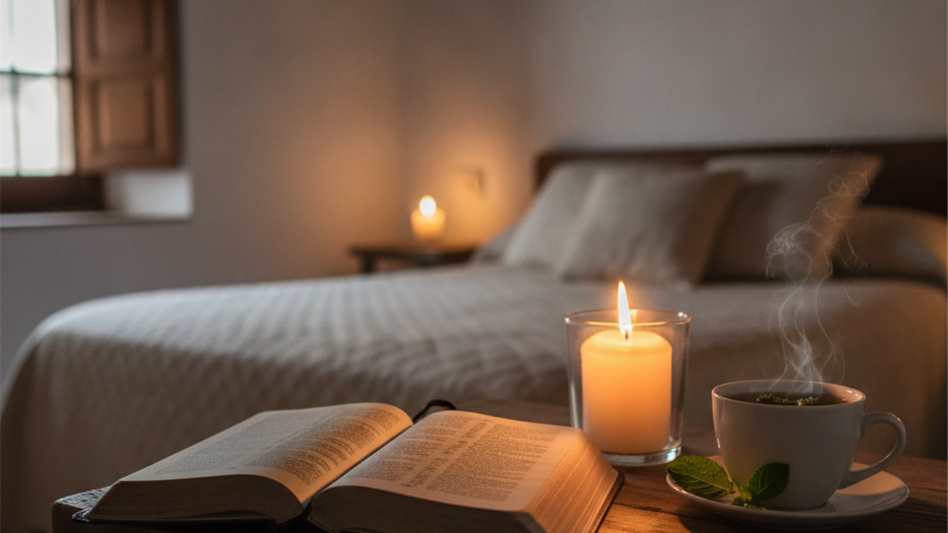 Biblia abierta sobre mesita de noche con vela encendida