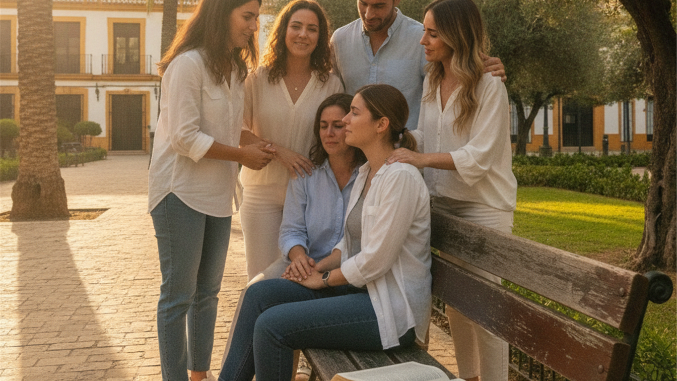 amigos consolandose con la Biblia abierta en parque