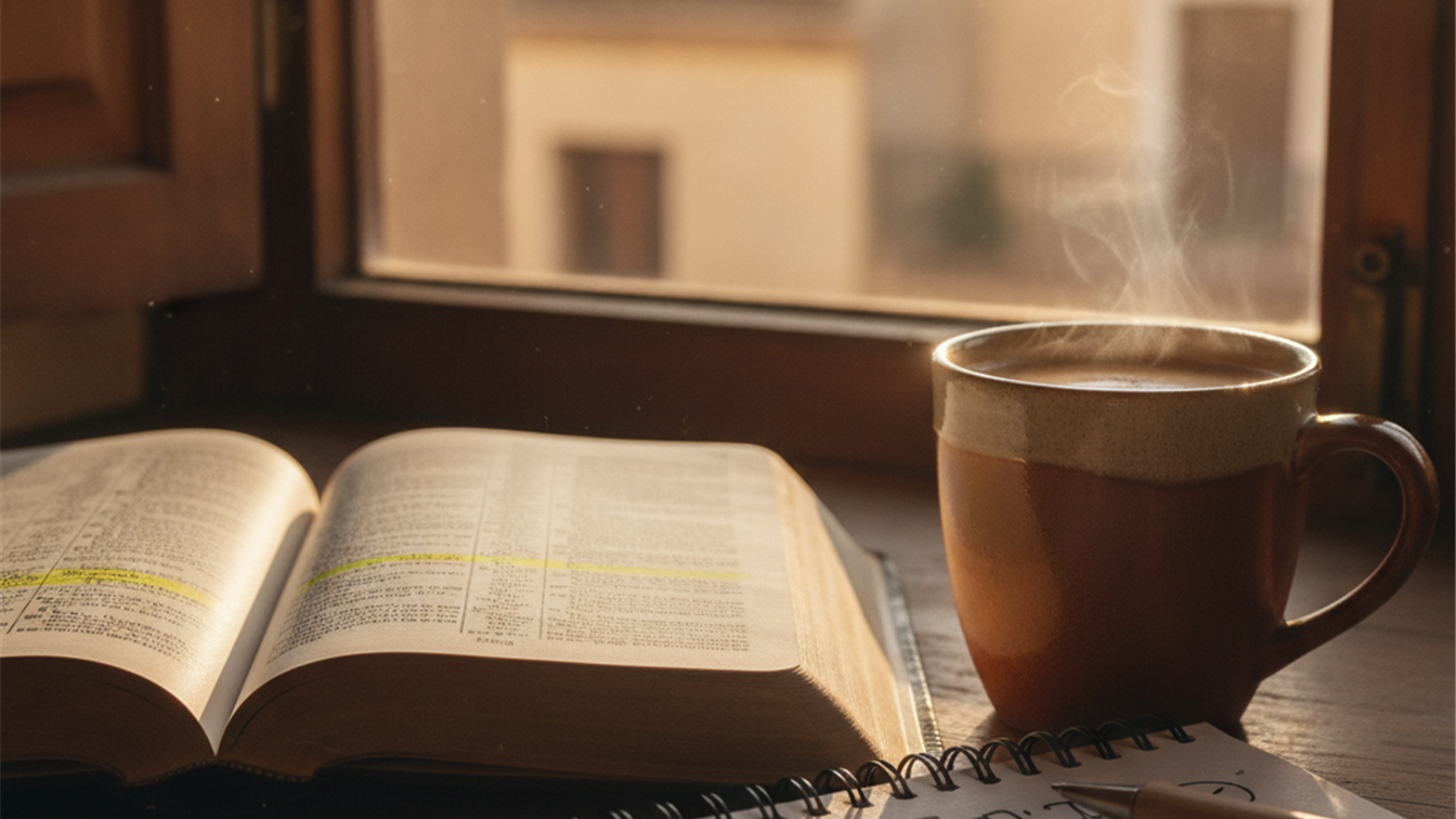 Biblia abierta con taza de cafe y cuaderno de notas junto a la ventana