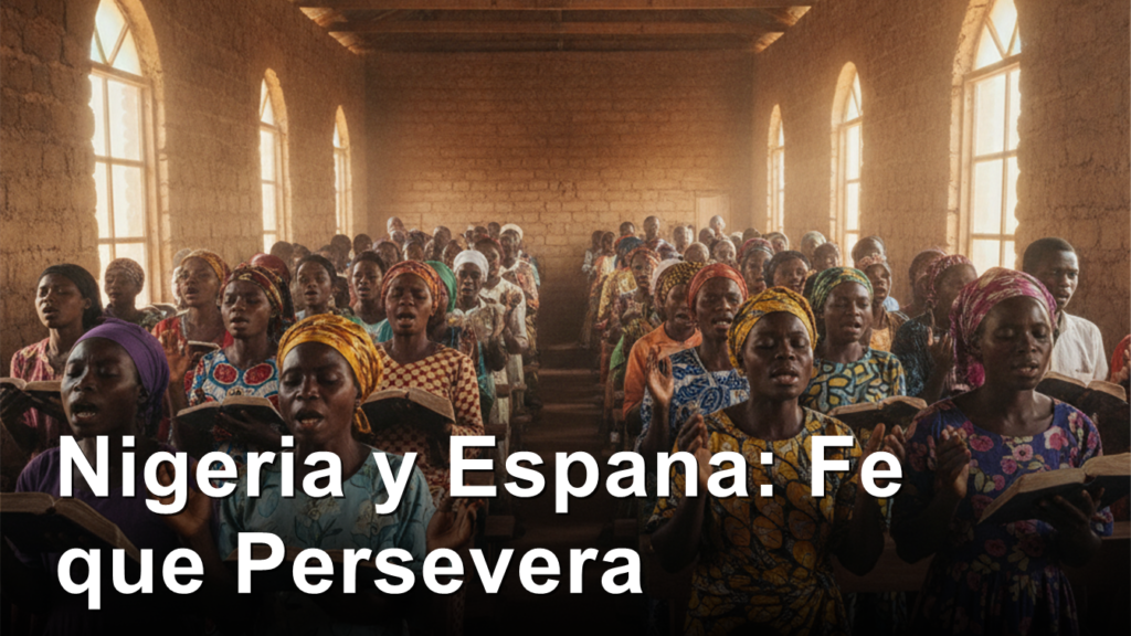 Cristianos evangelicos de Nigeria orando juntos en su iglesia con fe inquebrantable