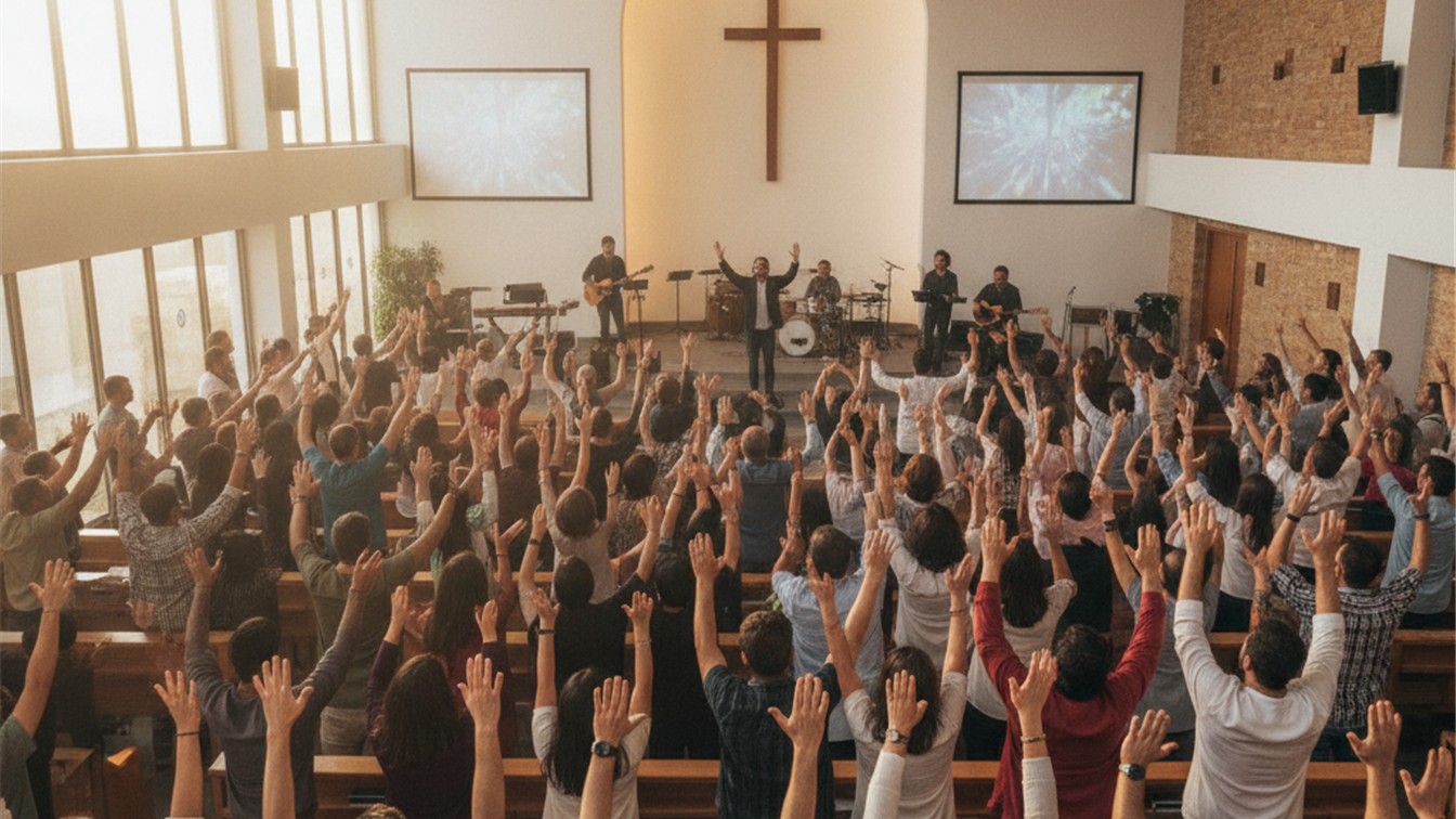 Congregación evangélica adorando en iglesia española