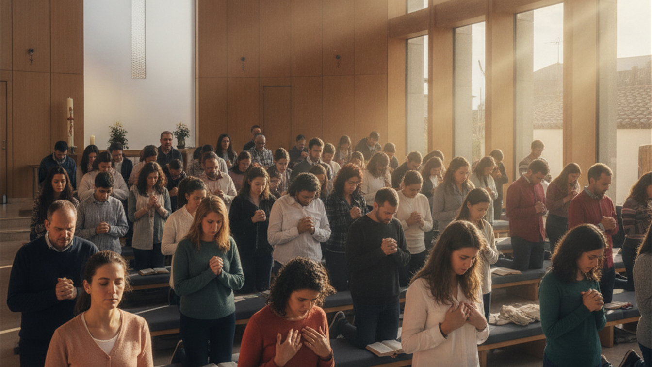 Comunidad evangelica orando unida en iglesia - fe y oracion