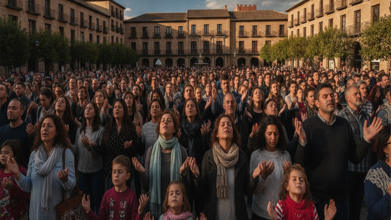 Comunidad evangelica orando en plaza espanola fe y comunidad