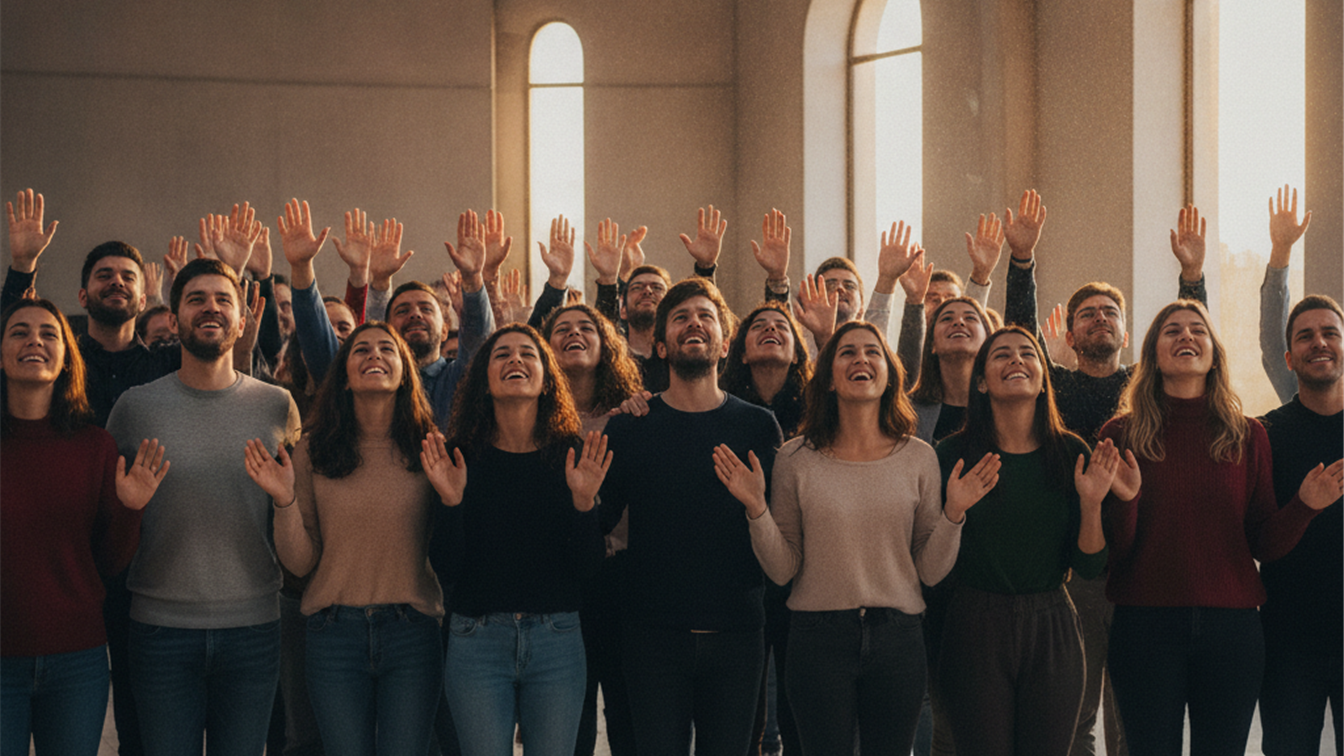 Comunidad evangélica española orando unida en un templo moderno