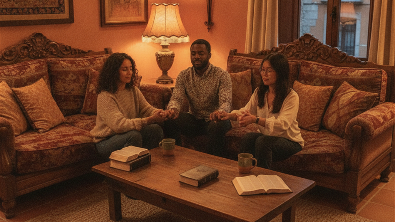 Christians praying together Bible study group