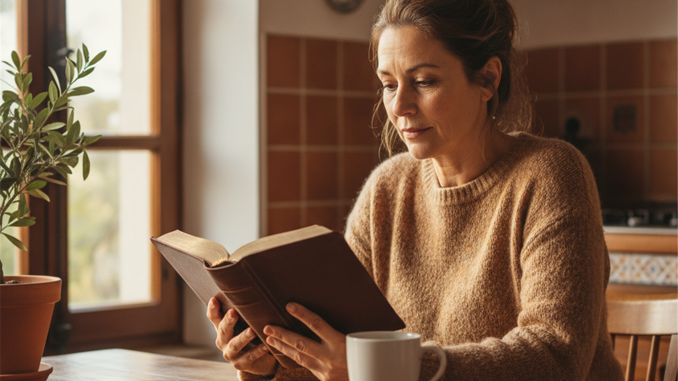 Mujer leyendo la Biblia en la cocina por la mañana, 2 Corintios 12:9