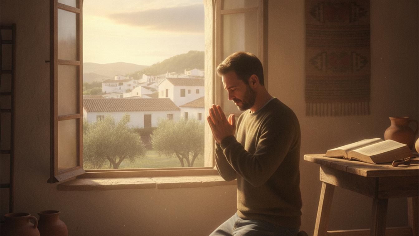 Hombre orando junto a una ventana con la Biblia abierta