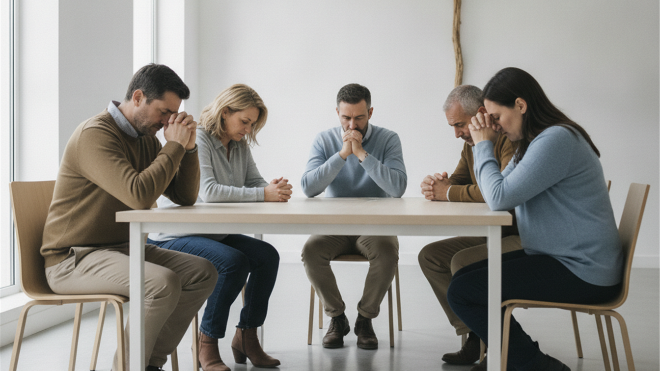 Grupo de adultos orando juntos en una sala sencilla