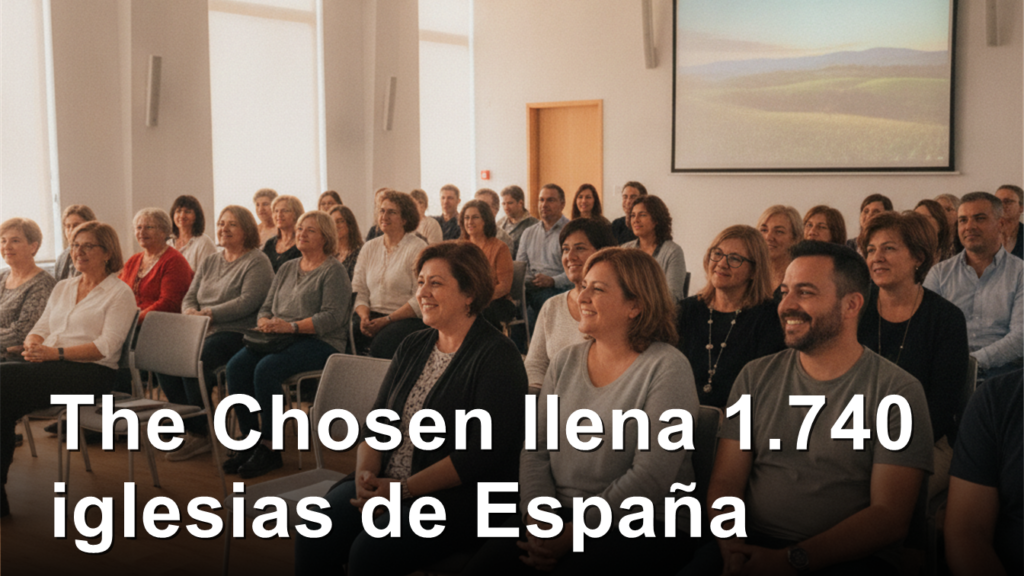Fieles de una iglesia evangelica reunidos en una sala sencilla viendo una proyeccion
