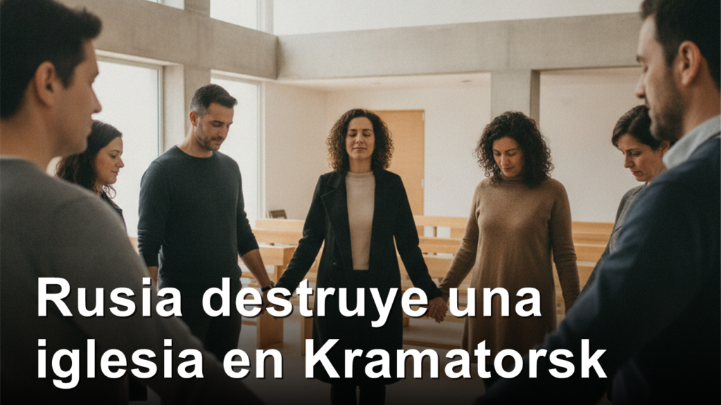 Creyentes evangelicos rezando con las manos unidas en una sala de culto sencilla