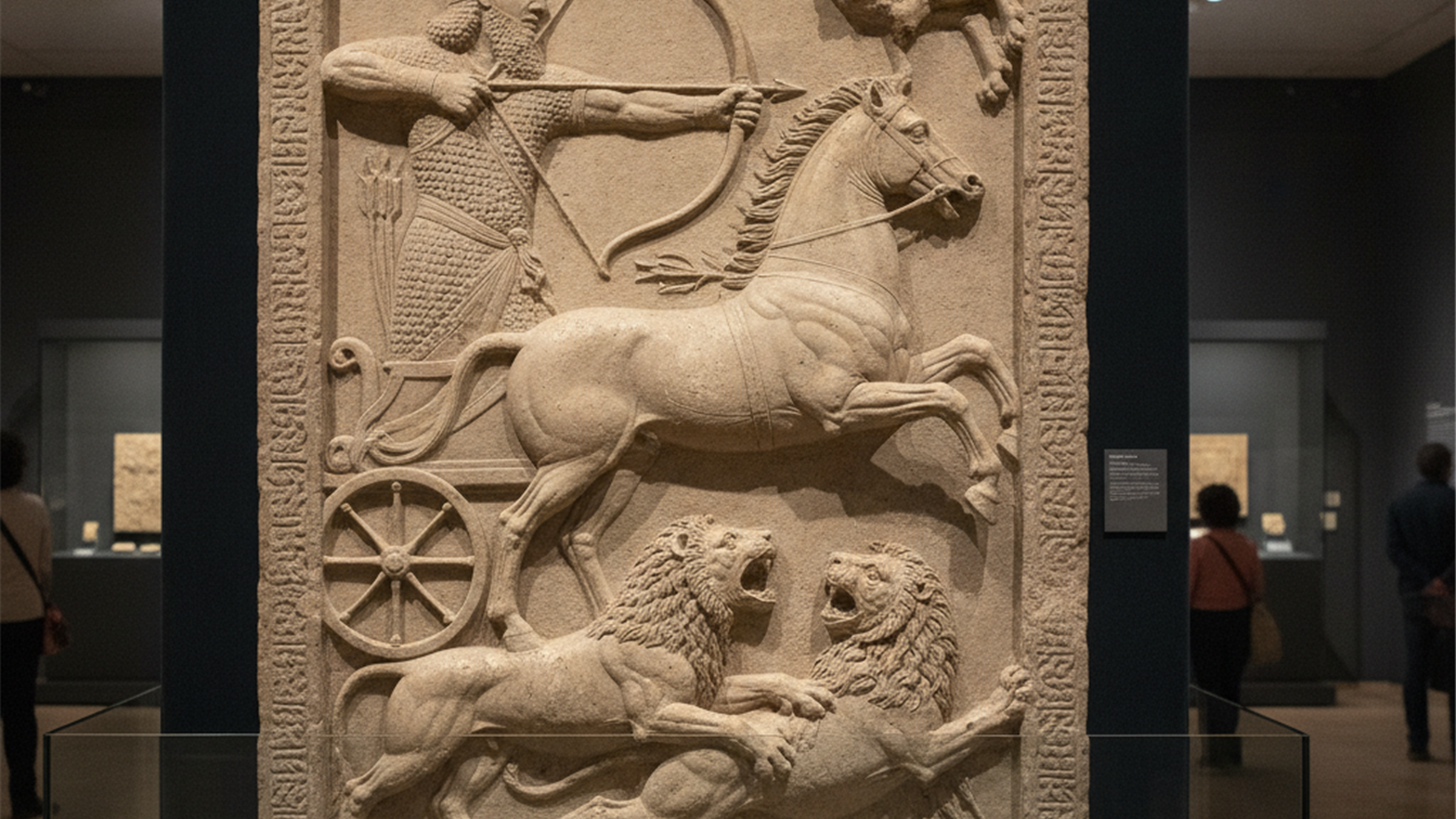 Relieve asirio de piedra con una escena de caza de leones en un museo