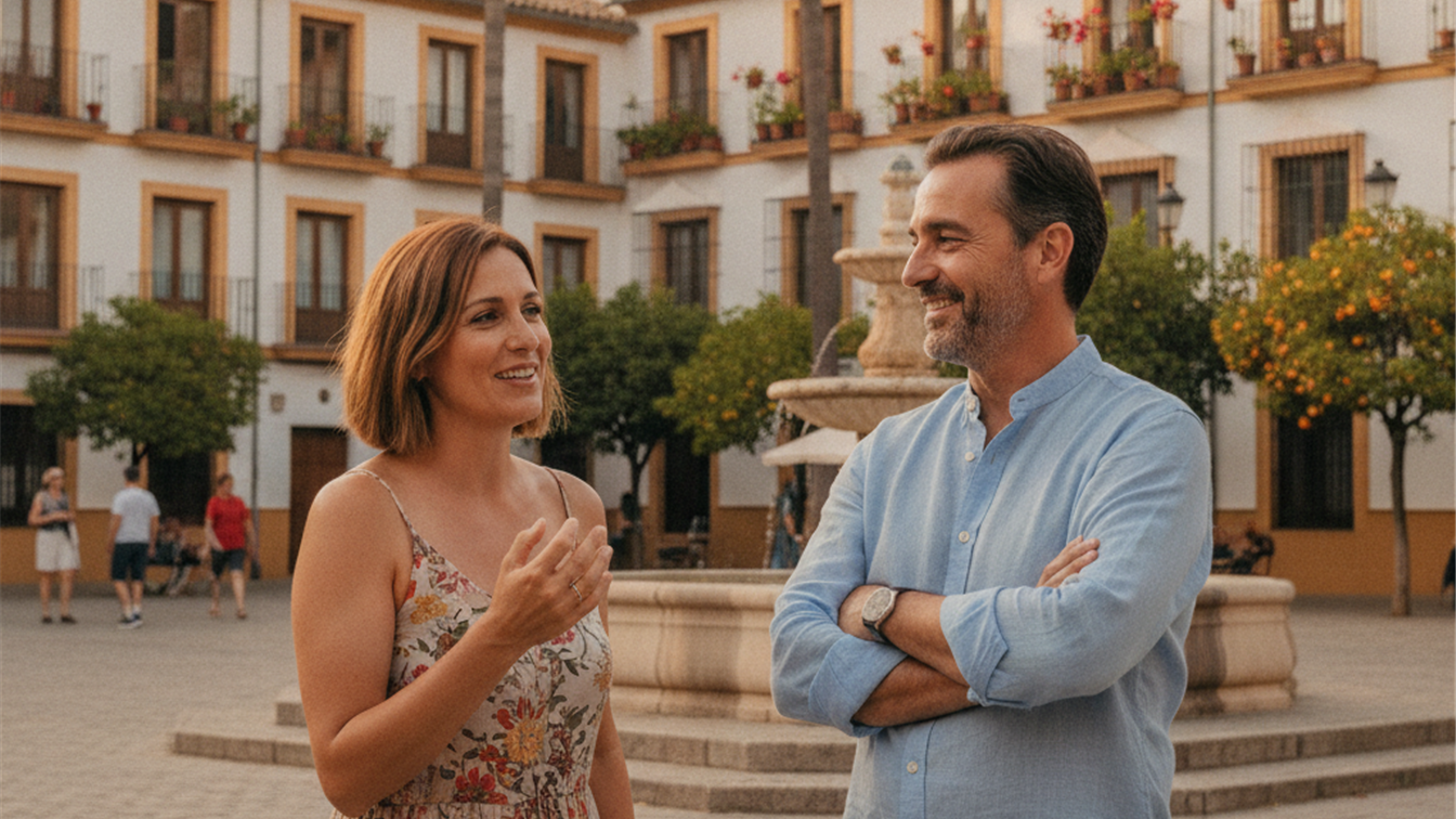 Dos vecinos conversando con calma en una plaza de un pueblo español