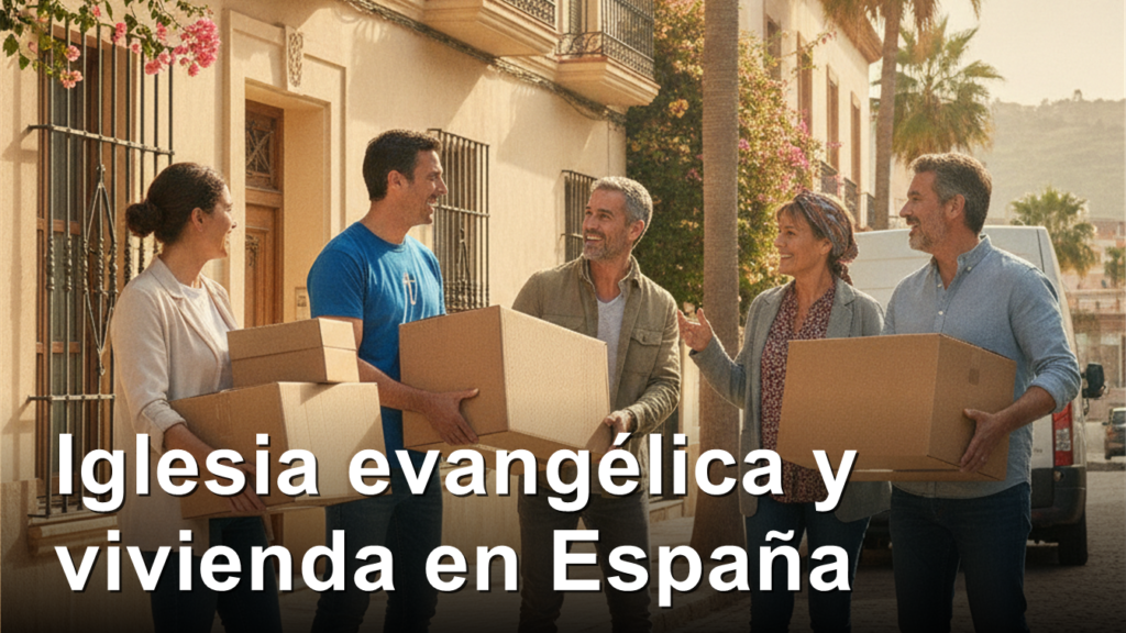Voluntarios de una iglesia ayudando con cajas de mudanza frente a un edificio