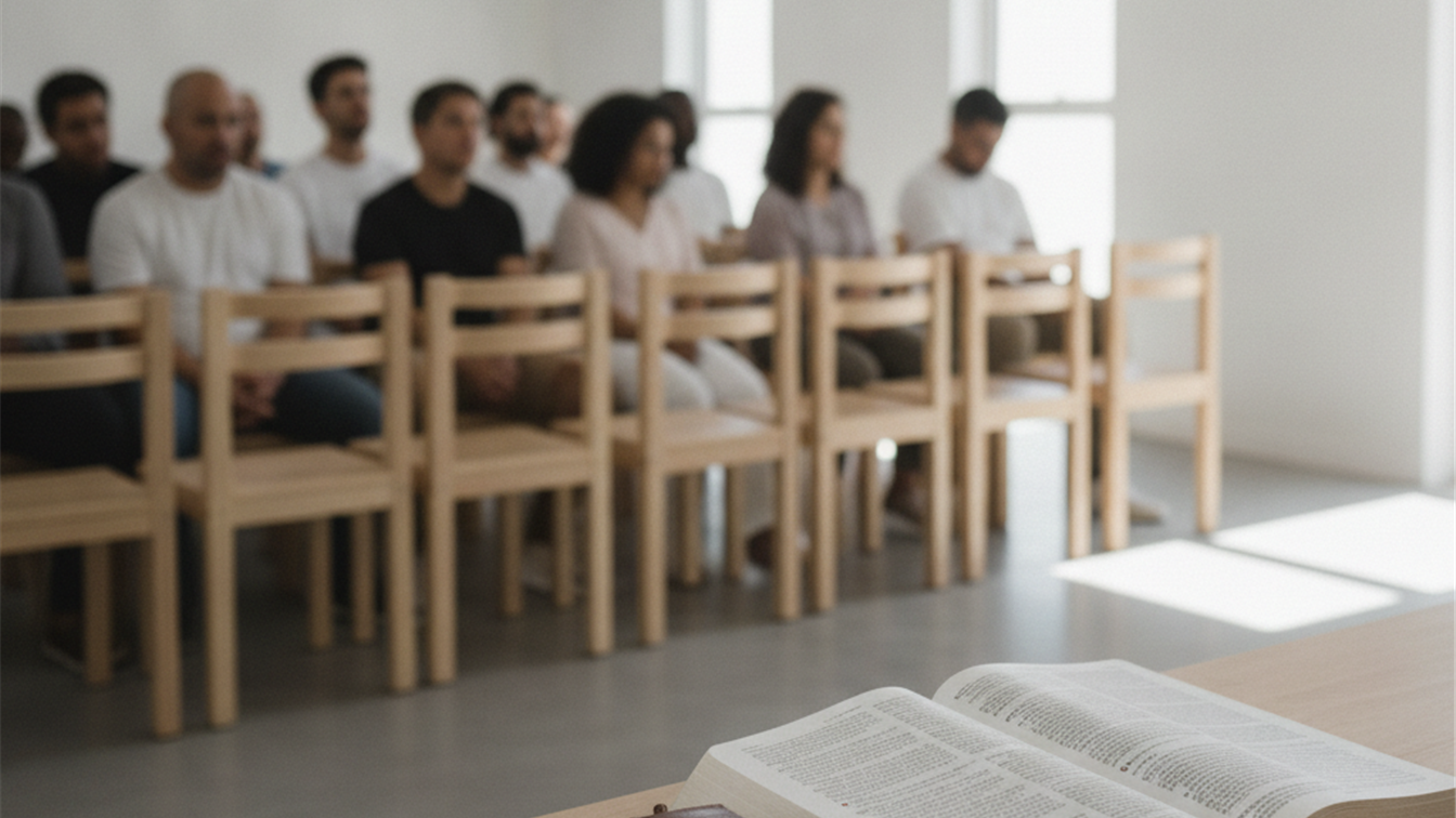Grupo de creyentes sentados en una sala sencilla con una Biblia abierta en primer plano