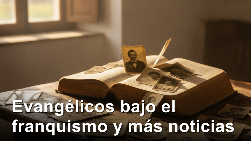 Biblia abierta con fotografias antiguas en blanco y negro sobre una mesa de madera
