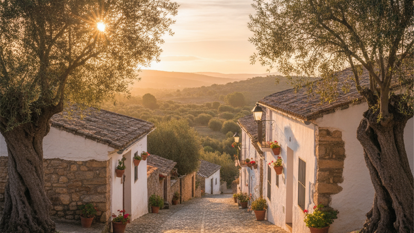 Calle de un pueblo espanol al amanecer entre olivos y casas blancas