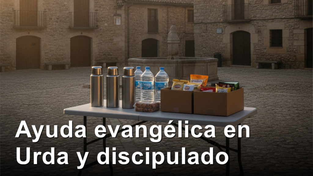 Mesa con termos, agua y cajas de comida en una plaza de un pueblo espanol al amanecer