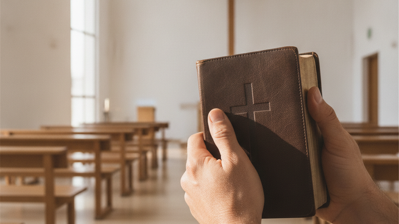 Manos sujetando una Biblia de cuero en una sala de culto sencilla