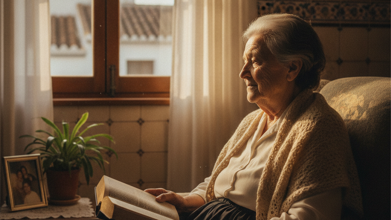 Mujer mayor leyendo la Biblia junto a una ventana