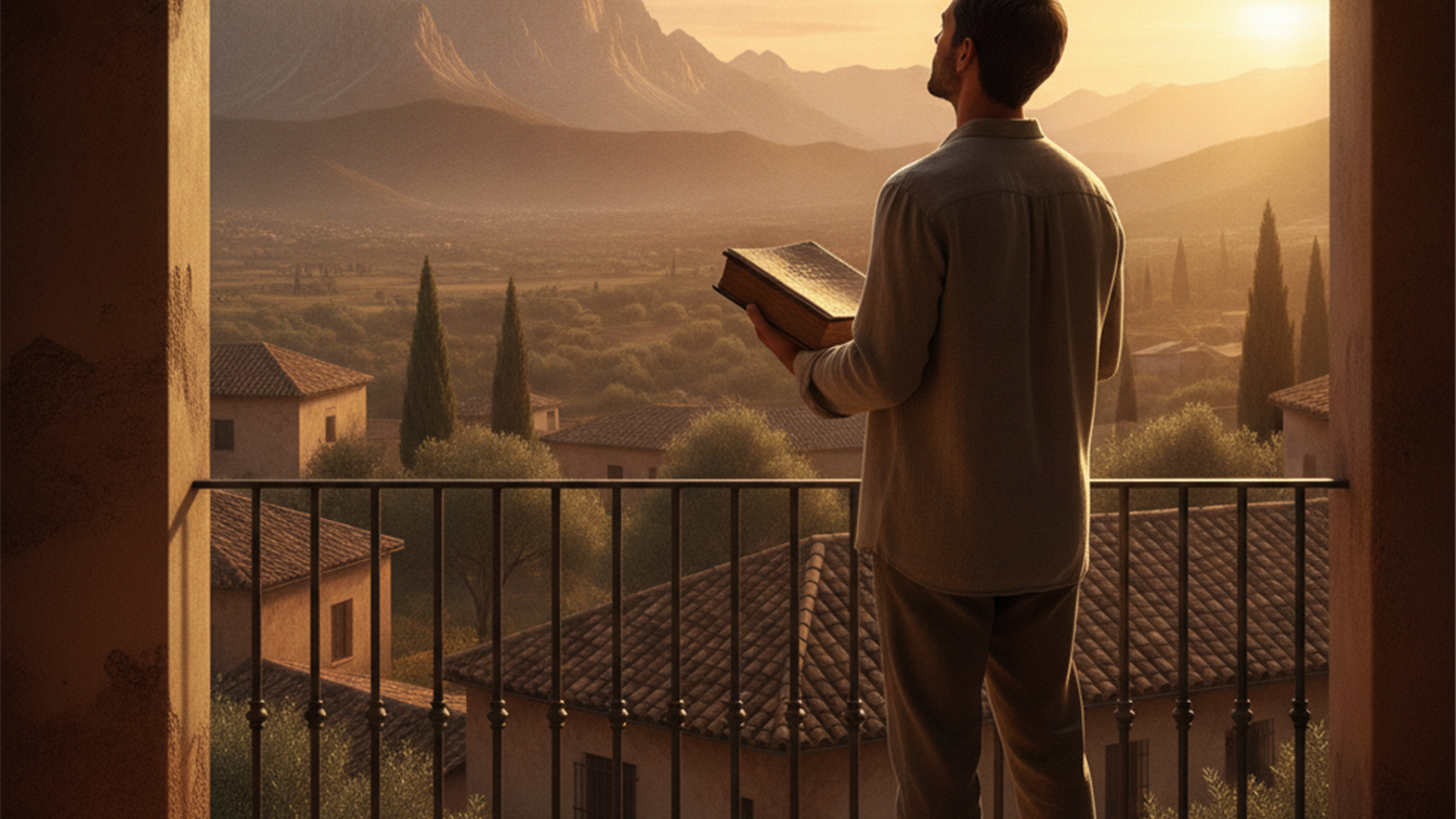 Hombre con la Biblia mirando las montañas al amanecer